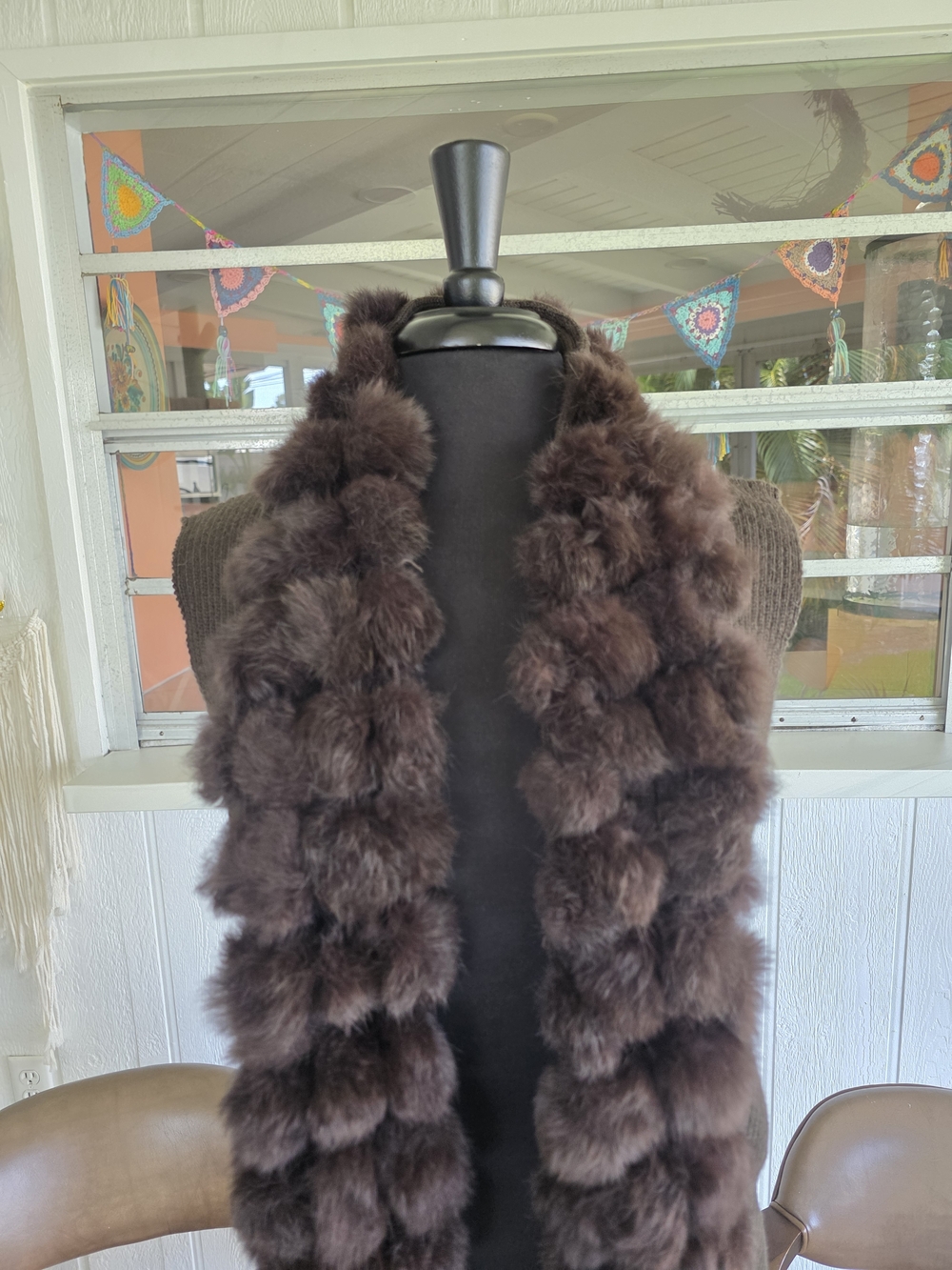 Vintage Y2K Alberto Makali Large Dark Brown Pom-Pom Fur Trim Knit Vest